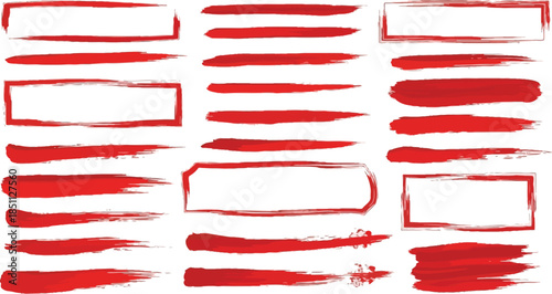 Collection of red brush strokes and shapes on a white background
