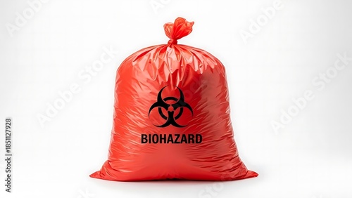 Red biohazard bag with warning sign on white background