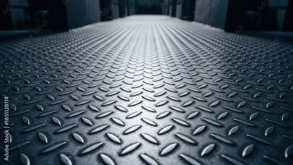 Fototapeta premium Metal floor with raised oval patterns, leading to a dark, receding vanishing point