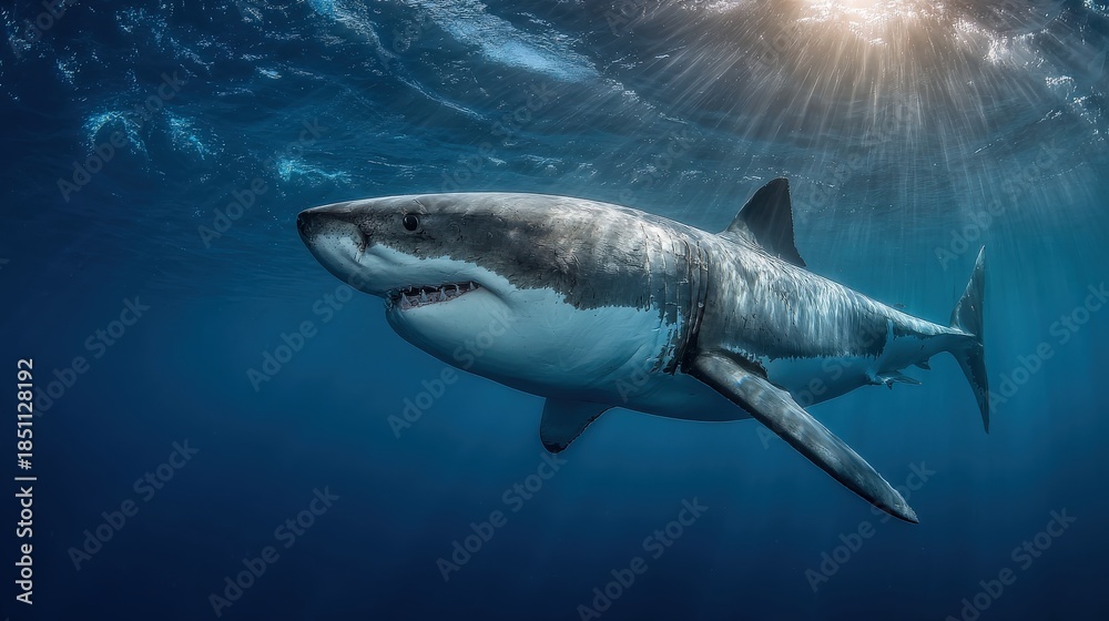 Fototapeta premium Great White Shark swimming in deep blue ocean water with sunlight rays