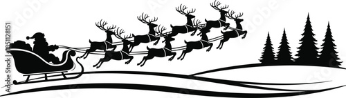 Santa sleigh silhouette, flying reindeer, Christmas vector, festive clipart, holiday illustration, black and white, winter scene, gift delivery