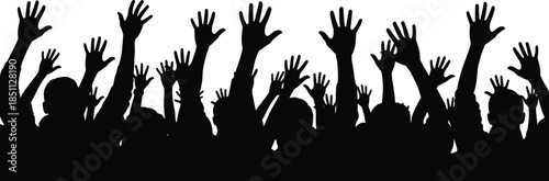 Silhouette crowd illustration, raised hands, unity vector, protest clipart, black and white, public gathering, activism, social movement, participation