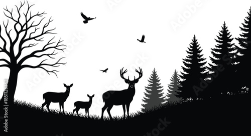 Silhouette forest scene, deer family, wildlife illustration, nature landscape, vector clipart, black and white, tranquil forest, animal harmony