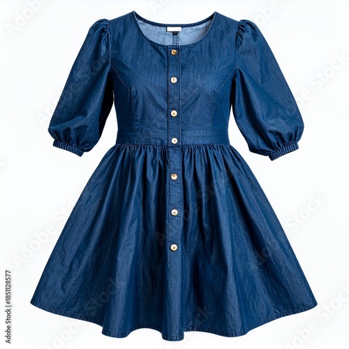 Elegant denim dress with a-line silhouette on a crisp, clean white background