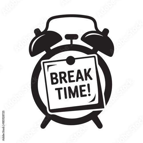 A black and white illustration of an alarm clock with a break time message