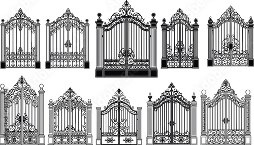 Black and white vector illustration of decorative wrought iron gates with ornamental scrollwork and floral patterns for architectural design content.