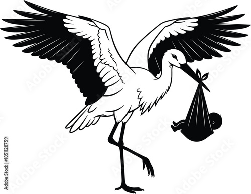 Black and white vector illustration of flying stork carrying baby bundle in beak for birth, parenting, and announcement design content.