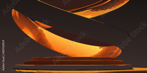 Abstract golden sculpture with flowing curves and a pedestal base