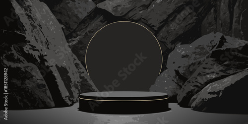 A dark stage with a pedestal and an oval golden frame for display