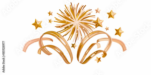 Golden fireworks display with sparkling stars and celebratory ribbons
