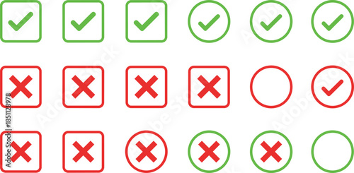 Check mark and cross icon set vector illustration with approved and rejected symbols in flat style for ui validation status and interface designs