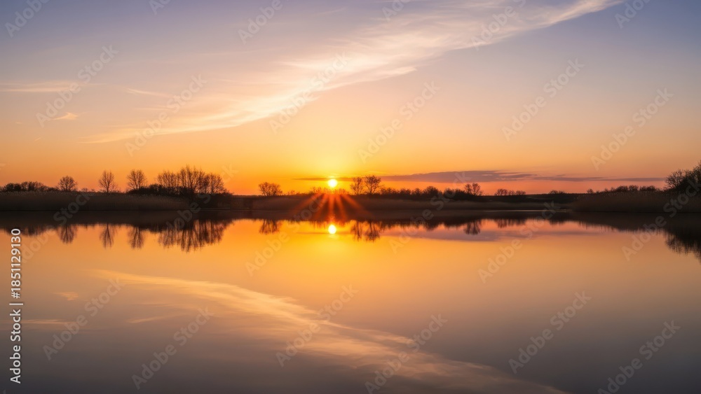 Naklejka premium Sun bursts over still water reflecting the sunset sky, with silhouetted trees
