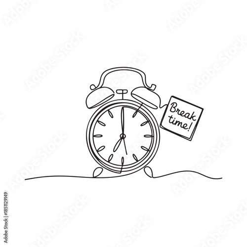 A minimalist line art drawing of an alarm clock with a break time message