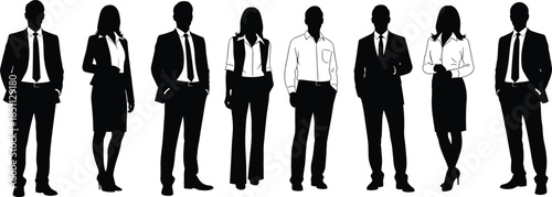 Black silhouette vector illustration of business professionals in formal attire standing in corporate poses for office, HR, and design content.