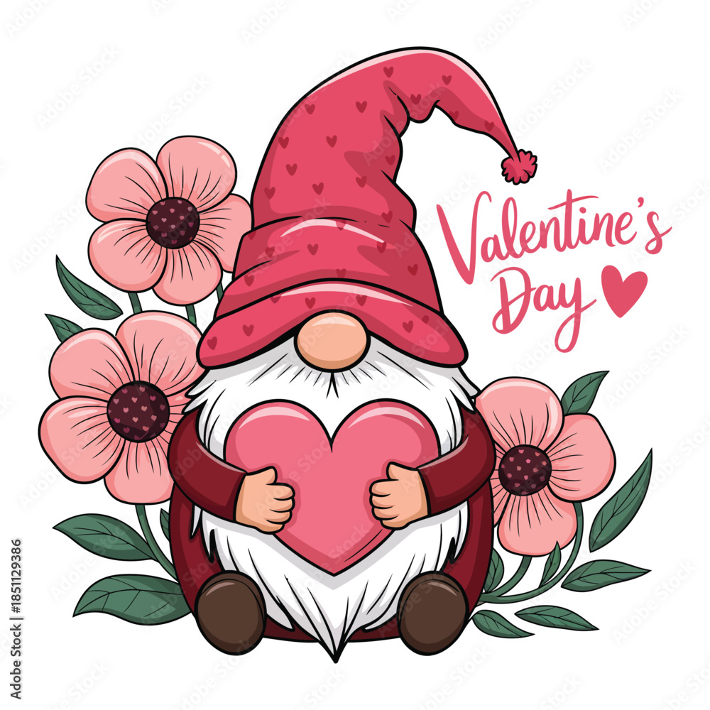 Fototapeta premium Cute Valentine Gnome Holding Heart with Floral Decoration