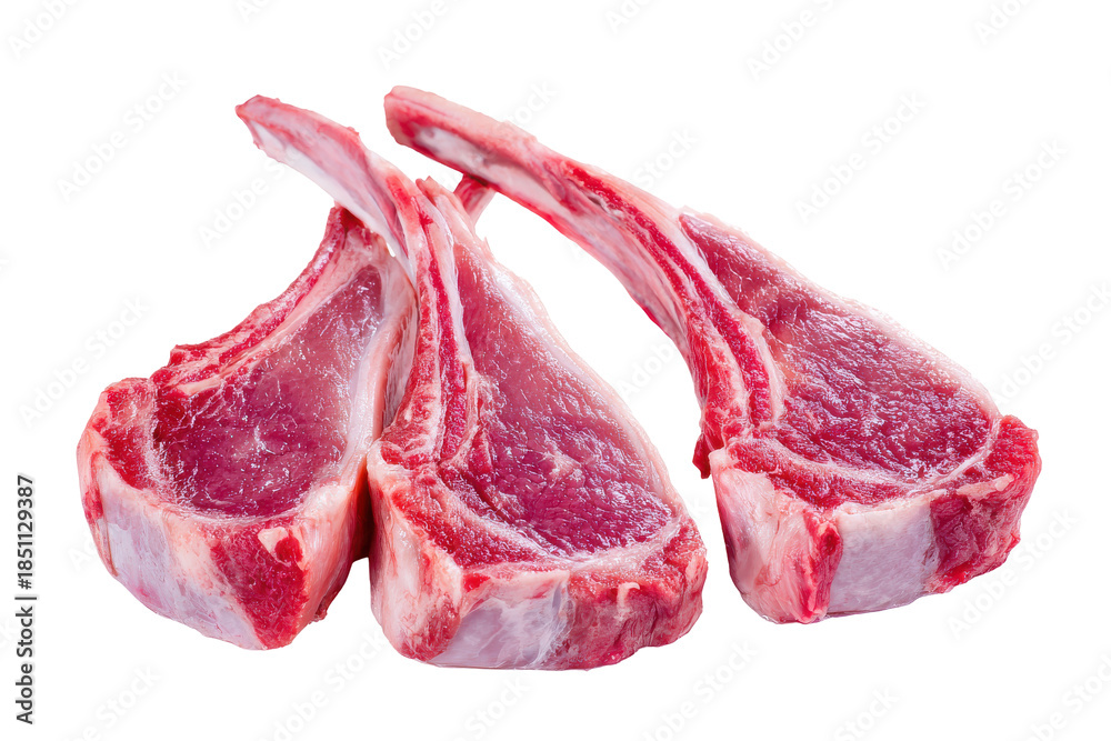 Obraz premium Raw lamb chops isolated on transparent background. Raw lamb chops fresh gourmet meat ready for grilling or roasting isolated on white background.
