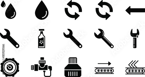 Water and plumbing solid icon set with leak, repair, drop-themed icons, faucet, wrench, pipe, shower, plunger, valve, and maintenance symbols. Vector cartoon illustration