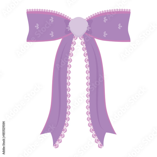 Elegant pastel purple bow with lace trim and long flowing ribbon tails isolated on white, ideal for weddings, invitations, vintage designs, packaging, and romantic projects.