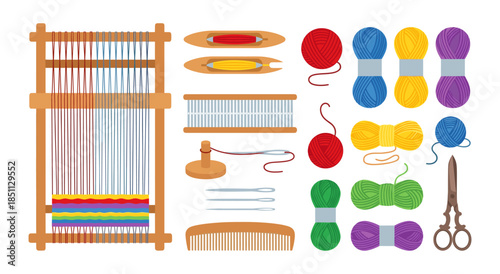 Weaving loom with yarn and tools for craft