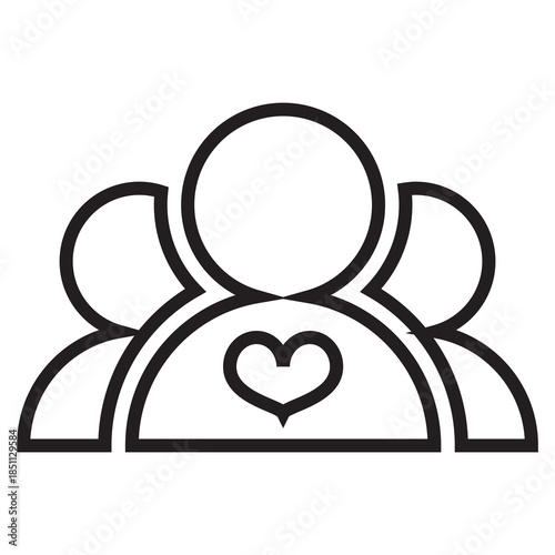 Outline style of three overlapping human figures with a heart symbol centered, represents collective compassion, team spirit, or a community united by care. Related to non-profit organizations