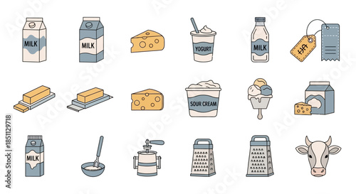 A comprehensive set of dairy products and related items including milk cartons, cheese, butter, yogurt, sour cream, ice cream, and kitchen tools.