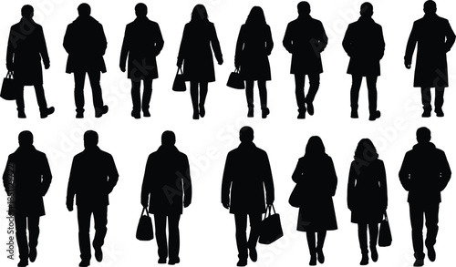 Black silhouette vector of people walking in winter coats and boots, diverse postures and accessories for fashion and lifestyle design.