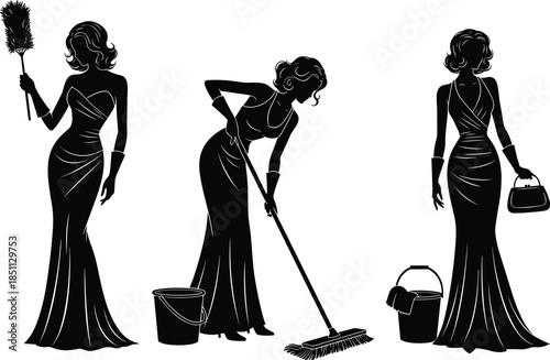 Black silhouette vector of women in elegant gowns performing domestic cleaning tasks with feather duster, mop, bucket, and handbag.