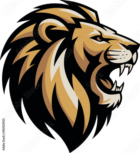 Furious Roaring Lion Head Mascot Vector Logo Illustration (Side View) for Sports Team, Esports Badge, and Aggressive Brand Identity Design.