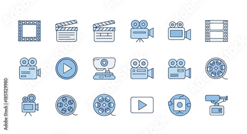Collection of film and video icons in blue and white color scheme