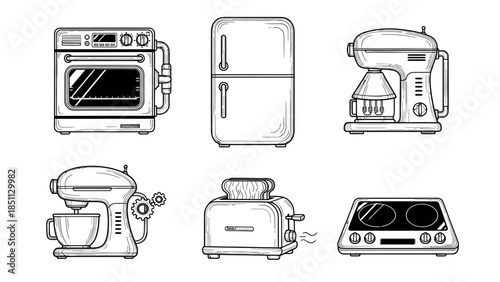 Set of modern kitchen appliances including oven refrigerator mixer toaster and induction hob for culinary or home design concepts