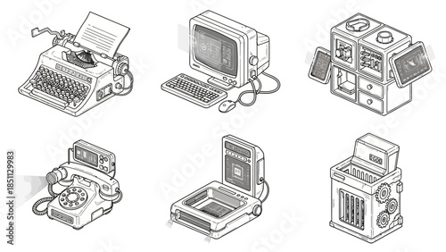 Retro office equipment set with typewriter vintage computer old telephone and abstract technology for business or creative concepts