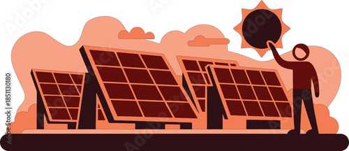 Two workers installing solar panel near wind turbine under sun with greenteamwork and clean energy scene