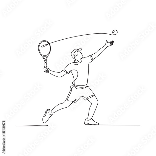 A continuous line drawing of a tennis player serving the ball