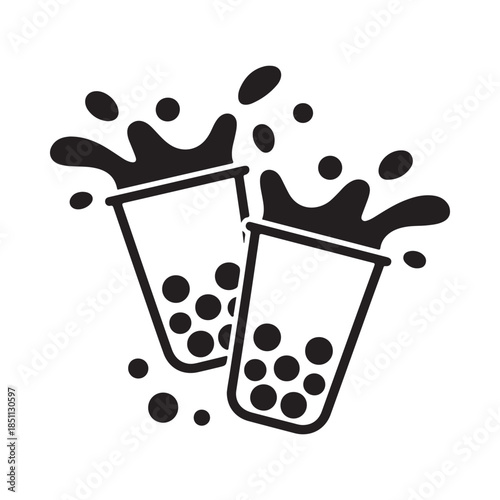 Two glasses of bubble tea with splashing liquid and tapioca pearls