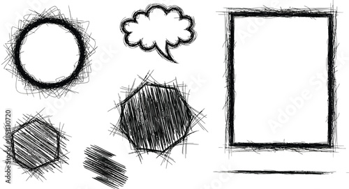 Collection of hand drawn sketchy square circle and irregular frames on white background doodle drawing
