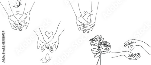 Minimalist line art illustration of hands showing connection, love, and affection with hearts, butterflies, and roses