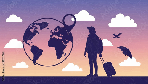A traveler stands with luggage against a vibrant sunset sky with a large globe and birds in flight