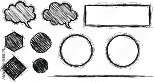 Collection of hand drawn sketchy square circle and irregular frames on white background doodle drawing