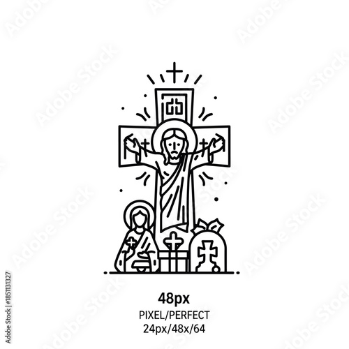 Black and white line art illustration of Jesus Christ on the cross and Virgin Mary. Perfect for religious marketing, social media, or website use.