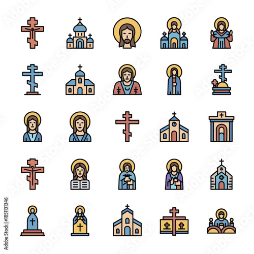 Collection of religious icons depicting crosses, churches, and religious figures in a simple, modern style. Great for faith-based designs.