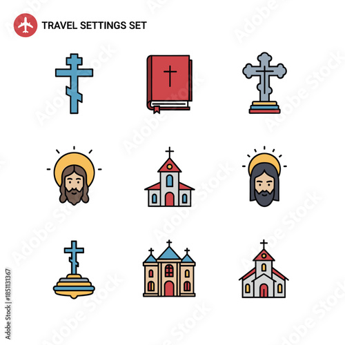 Icon set of Christian symbols including crosses, bibles, churches and Jesus, conveying themes of faith, belief, and spirituality. Can be used for reli