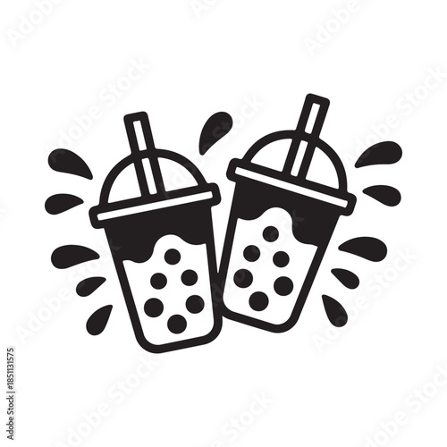 Two bubble tea drinks with splashes a simple black and white illustration