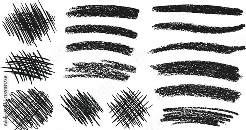 Various abstract hand-drawn black ink brush strokes and shapes collection
