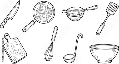 Black and White Line Art Assorted Kitchen Utensils, Coffee Maker, Teapots, Cookware, and Cups Illustration