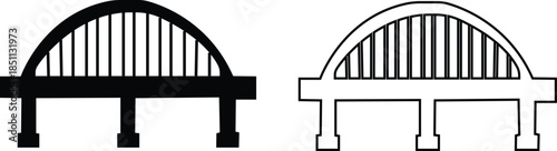 Bridge icon set in flat and line style architectural crossing silhouettes featuring arch suspension and modern bridges, minimal monochrome infrastructure vector pack for urban and construction concept