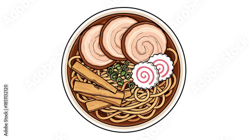 Bowl of Japanese style ramen noodles with sliced pork bamboo shoots and vegetables