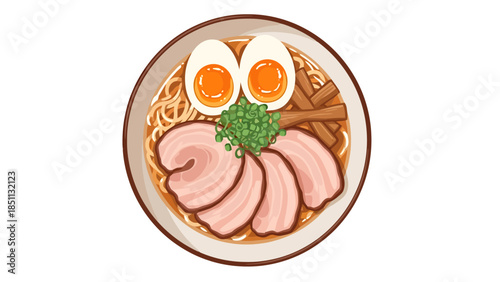 Delicious bowl of ramen with sliced pork marinated eggs and vegetables served in a traditional bowl