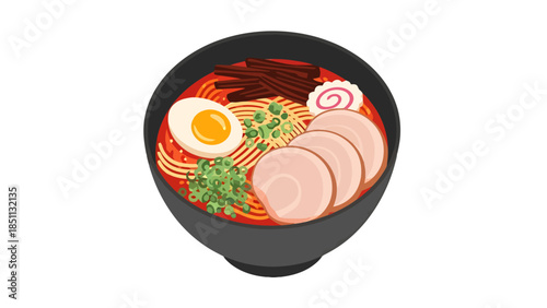 Steaming bowl of traditional Japanese ramen with assorted toppings and rich broth
