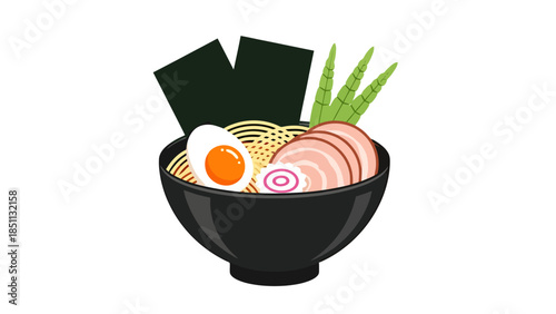 Bowl of Traditional Japanese Ramen with Eggs Vegetables and Pork