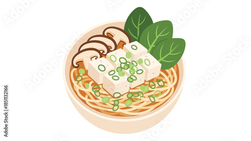 Healthy Asian inspired noodle bowl with tofu vegetables and fresh herbs